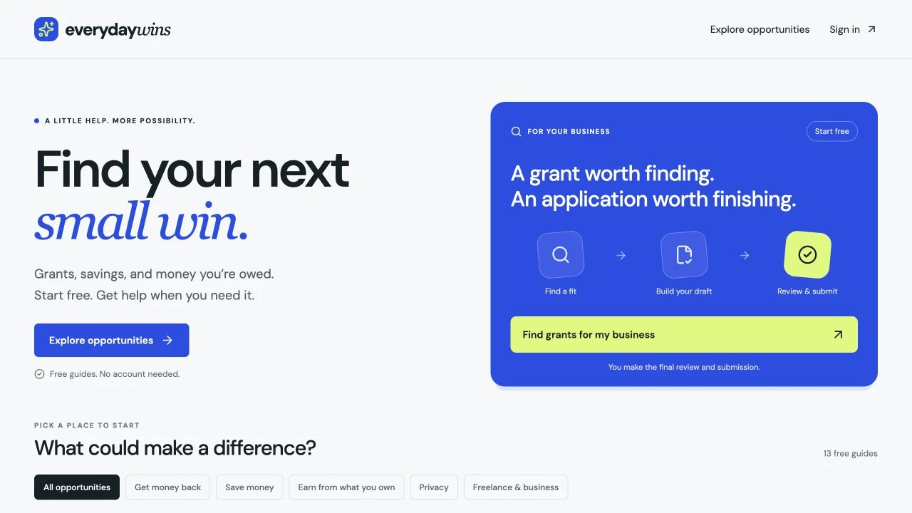 Everyday Wins live homepage with free guides, opportunity filters and the grant preparation workspace entry