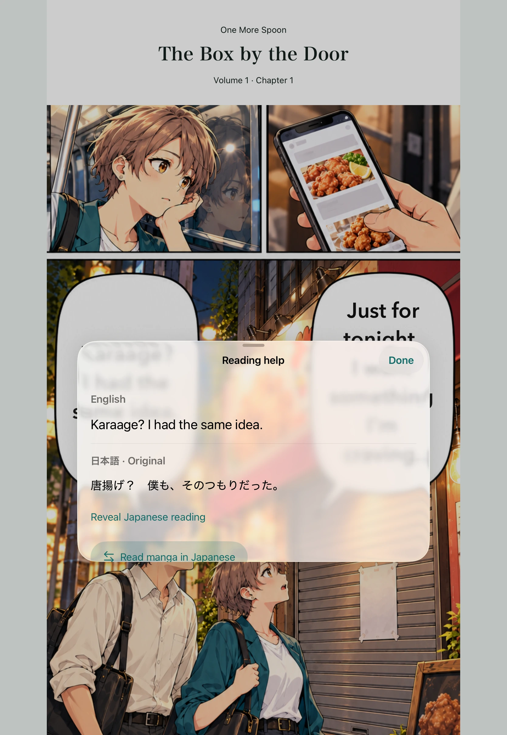 Complete native tablet reader with manga and a Reading help sheet showing English dialogue, original Japanese and Japanese reading assistance
